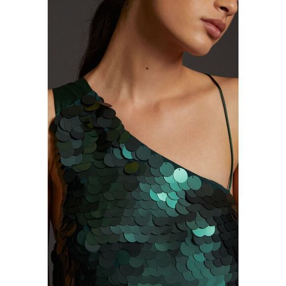 Anthropologie Maeve Sequined One-Shoulder Mini Dress Green Size S - Picture 4 of 13